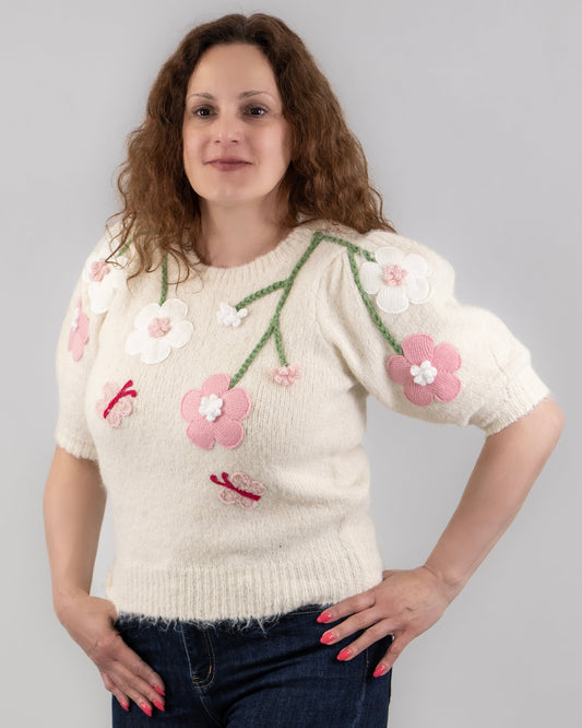 Virágos rövid ujjú pulóver